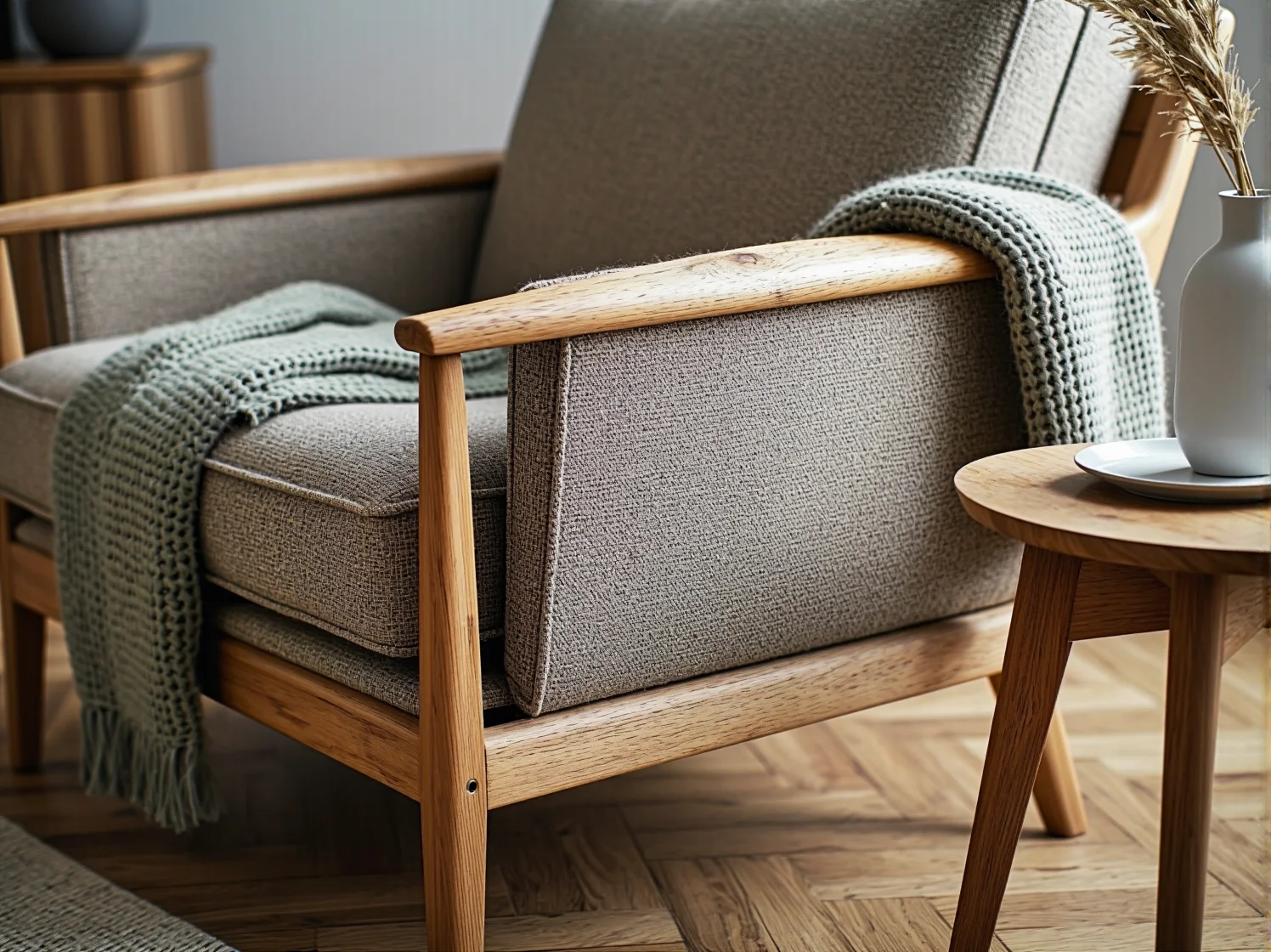 Detale nowoczesnego fotela skandynawskiego, drewniane nóżki i jasny materiał.