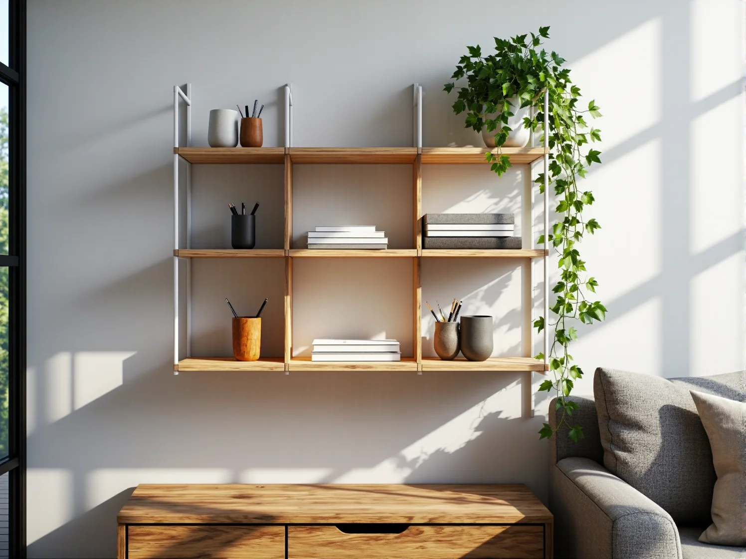 Nowoczesny regał na segregatory i książki w domowej przestrzeni do pracy.