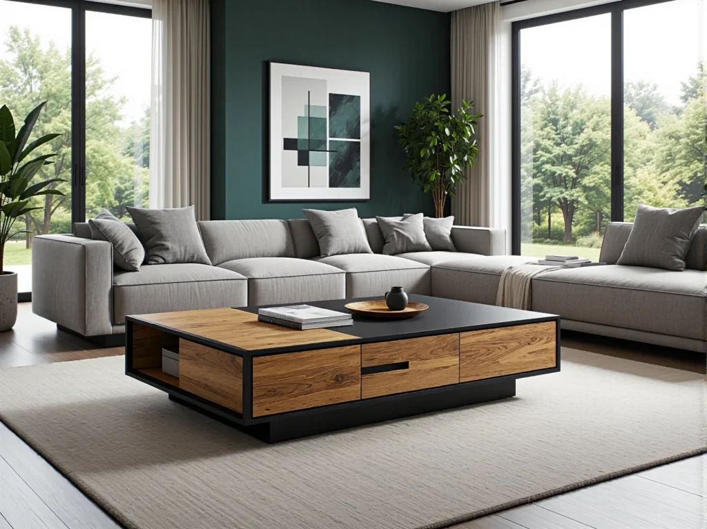 Nowoczesna ława dębowa z szufladami i czarnym blatem