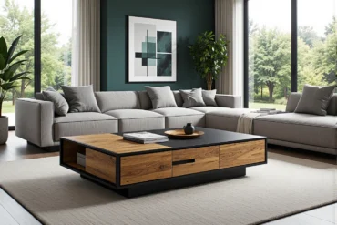 Nowoczesna ława dębowa z szufladami i czarnym blatem