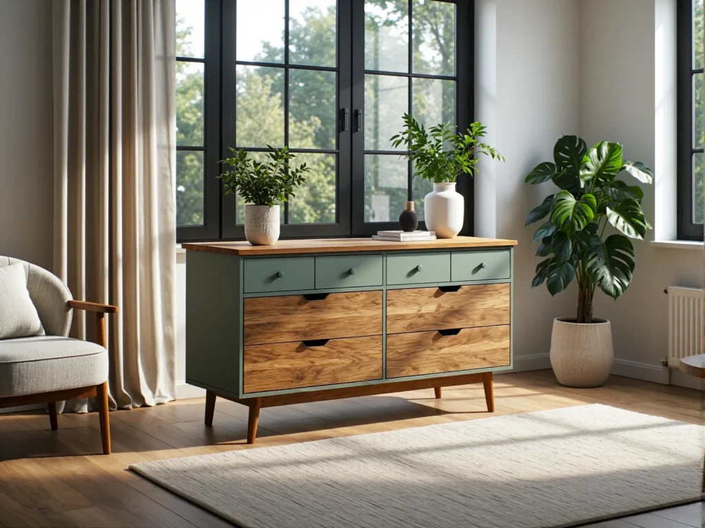 Komoda z szufladami zielona z drewnianym blatem na nóżkach