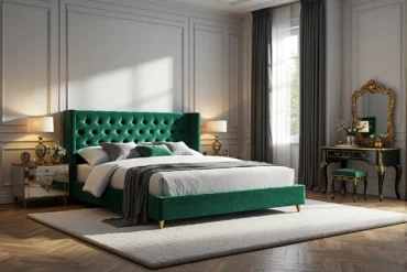 Tapicerowane łóżko welurowe zielone z pikowanym zagłówkiem chesterfield