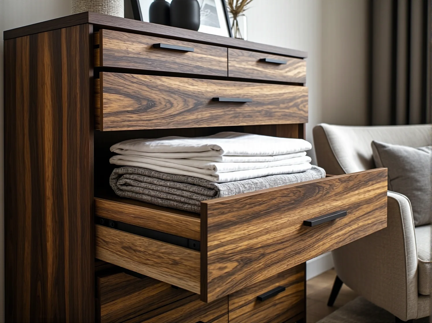 Praktyczna organizacja wnętrza sypialni dzięki komodzie z wieloma przegródkami.