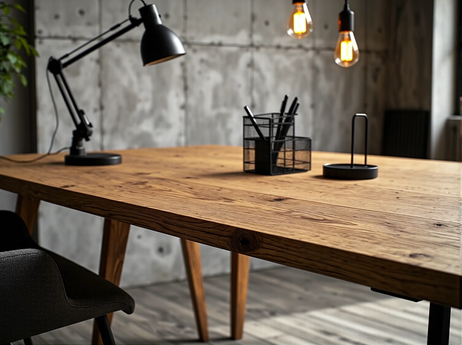 Industrialne oświetlenie i surowe materiały w nowoczesnym biurze coworkingowym