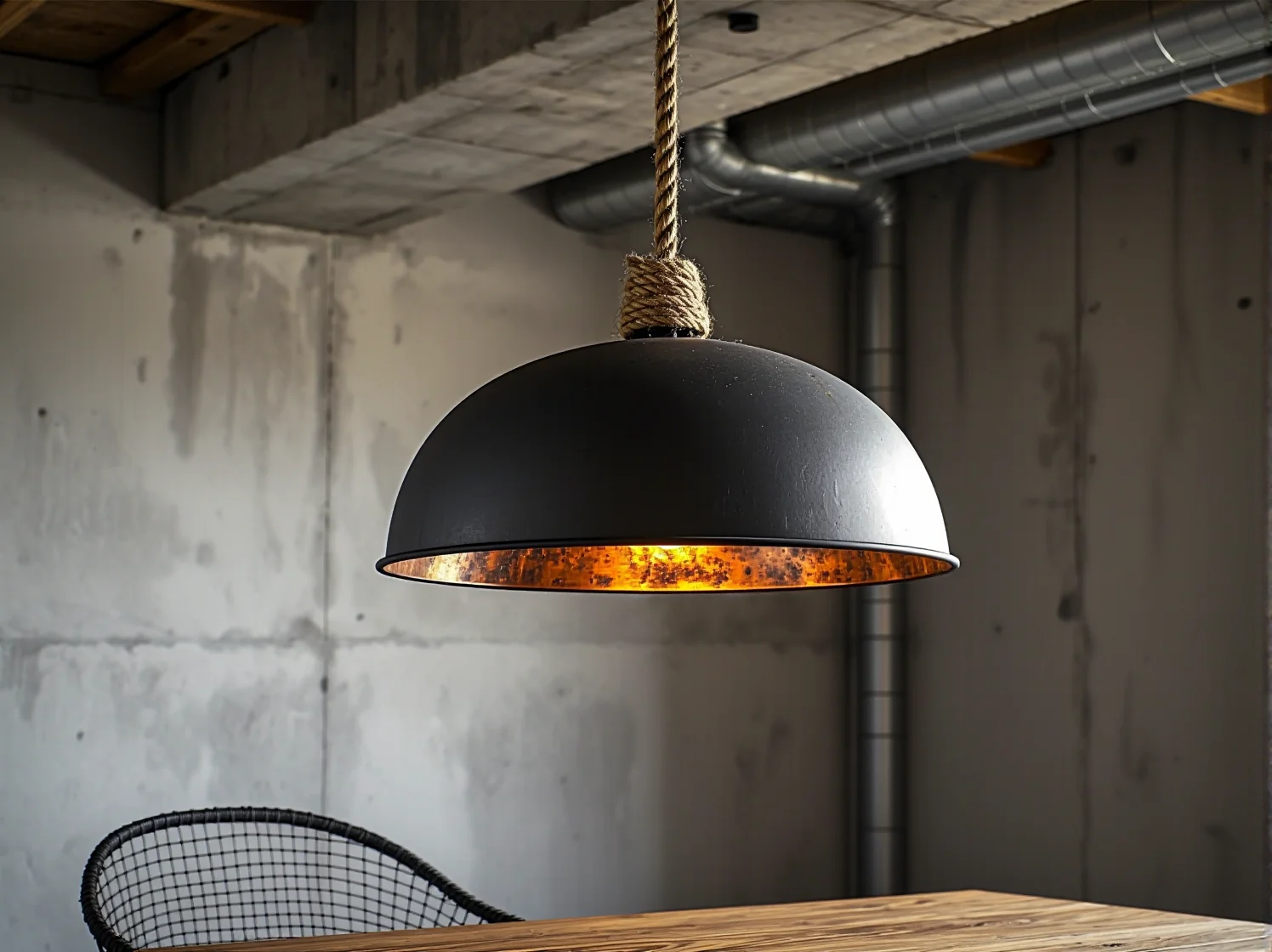 Oświetlenie loftowe wykonane z surowych materiałów i metalu