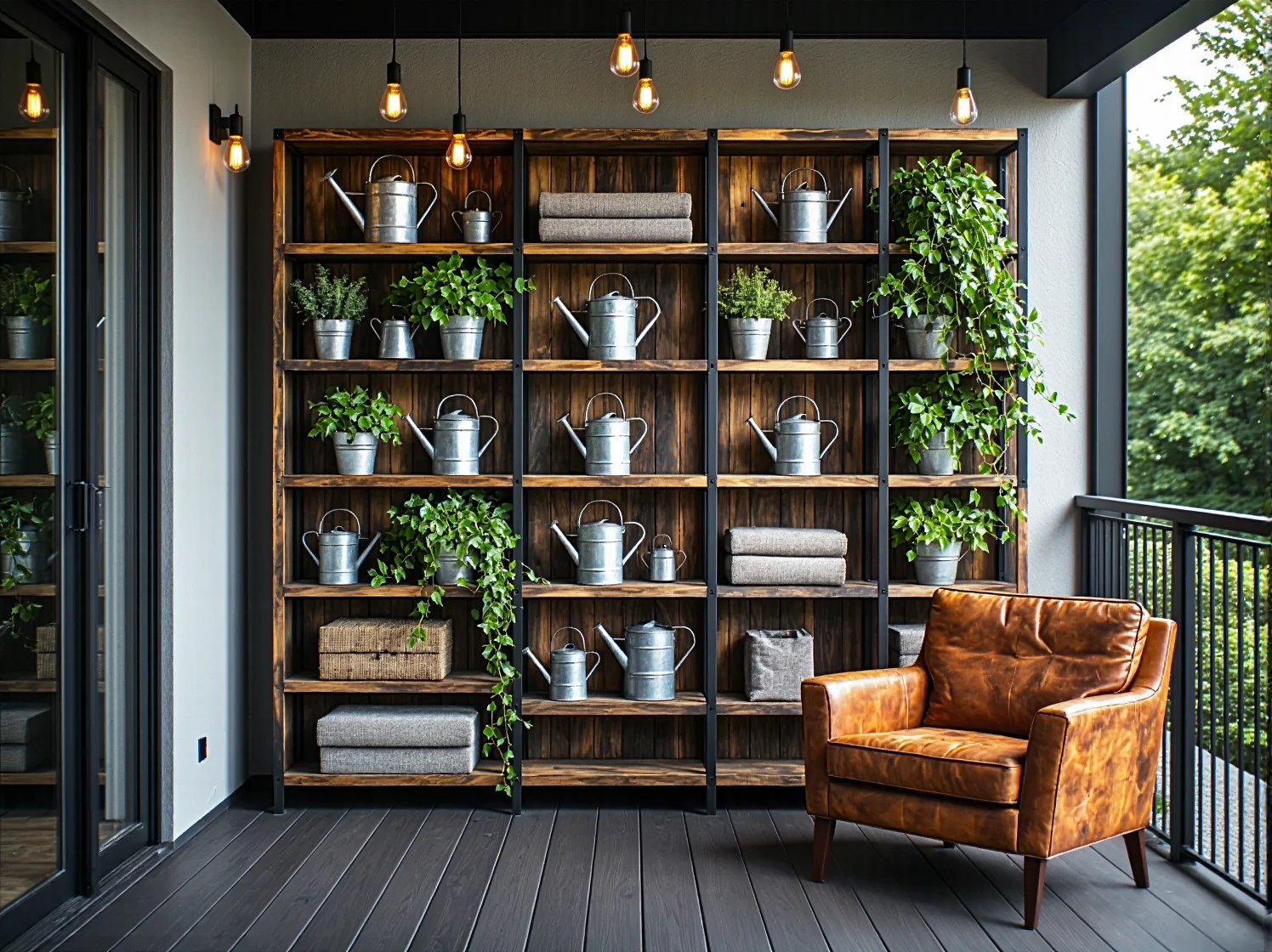 Klimatyczne oświetlenie punktowe podkreślające fakturę cegły i metalowe dodatki na balkonie.