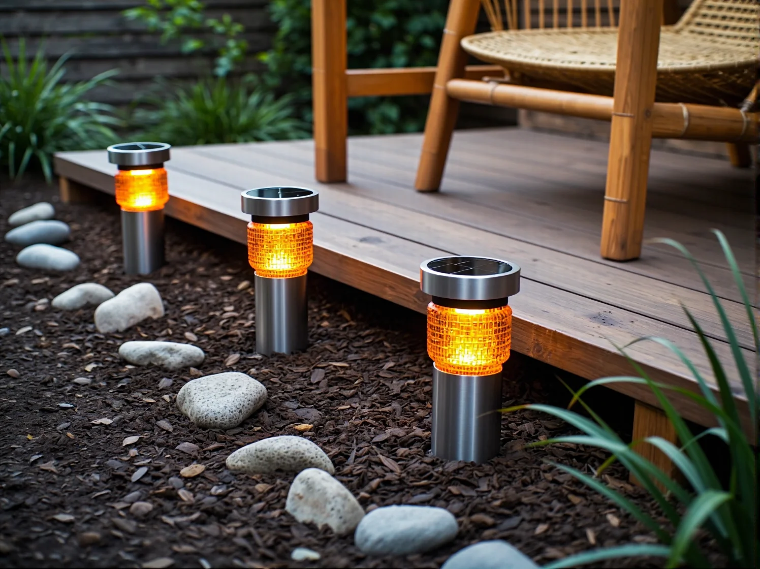 Subtelne oświetlenie ścieżki w ogrodzie prowadzące do ekologicznych mebli wypoczynkowych