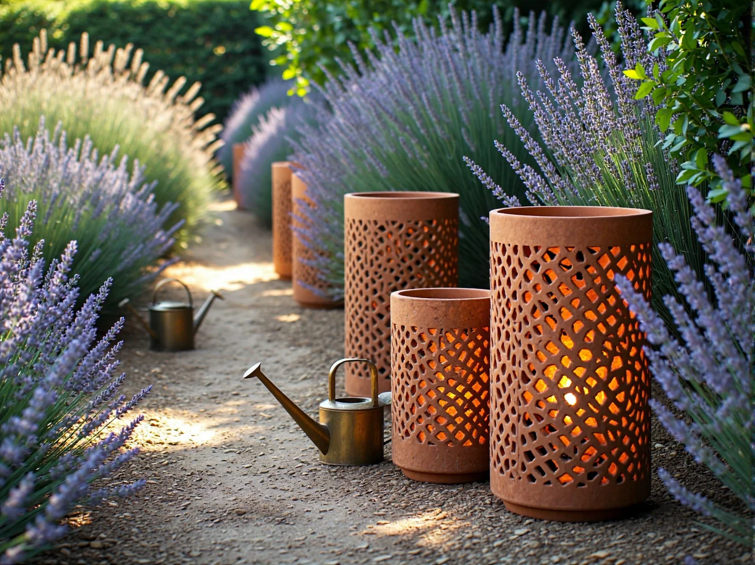 Klimatyczne oświetlenie solarne i bambusowe przy ścieżce w stylu boho