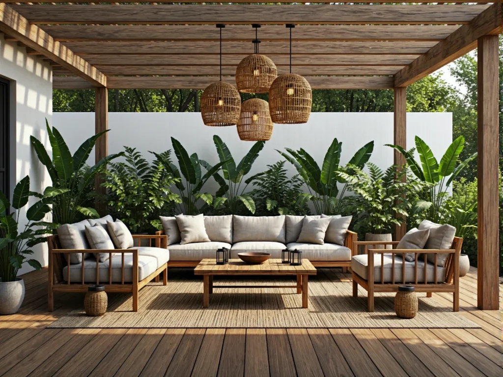 Drewniany zestaw wypoczynkowy ogrodowy z jasnymi poduszkami