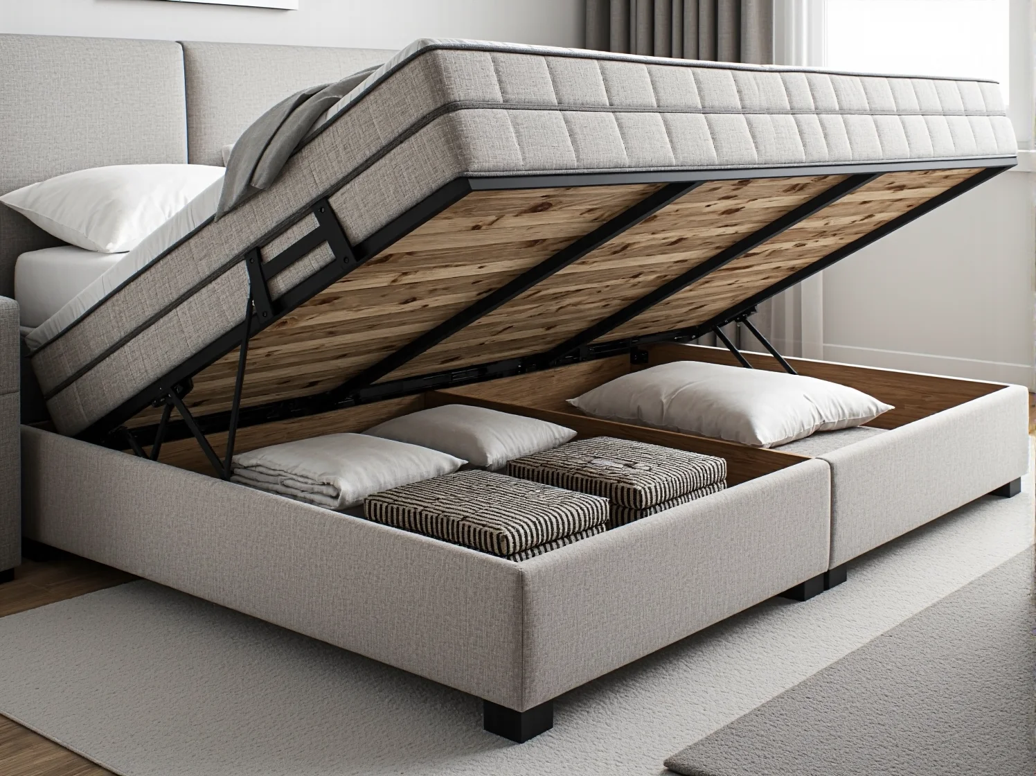 Otwarty pojemnik na pościel w łóżku kontynentalnym, pokazujący dużą przestrzeń do przechowywania w małym mieszkaniu.