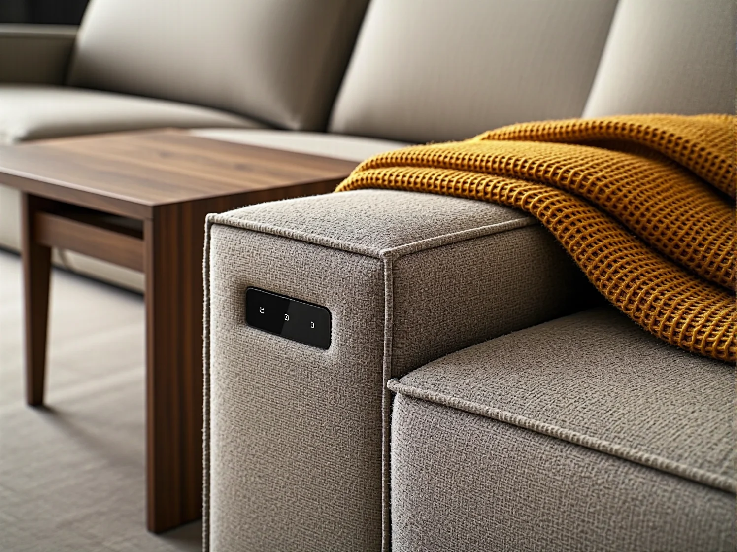 Zbliżenie na mechanizm masujący i panel sterowania w wygodnym meblu wypoczynkowym.