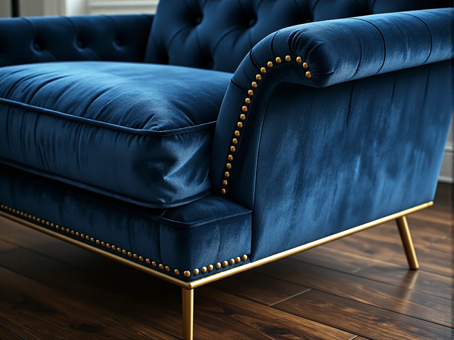 Pikowany fotel do salonu glamour wykończony złotymi detalami.