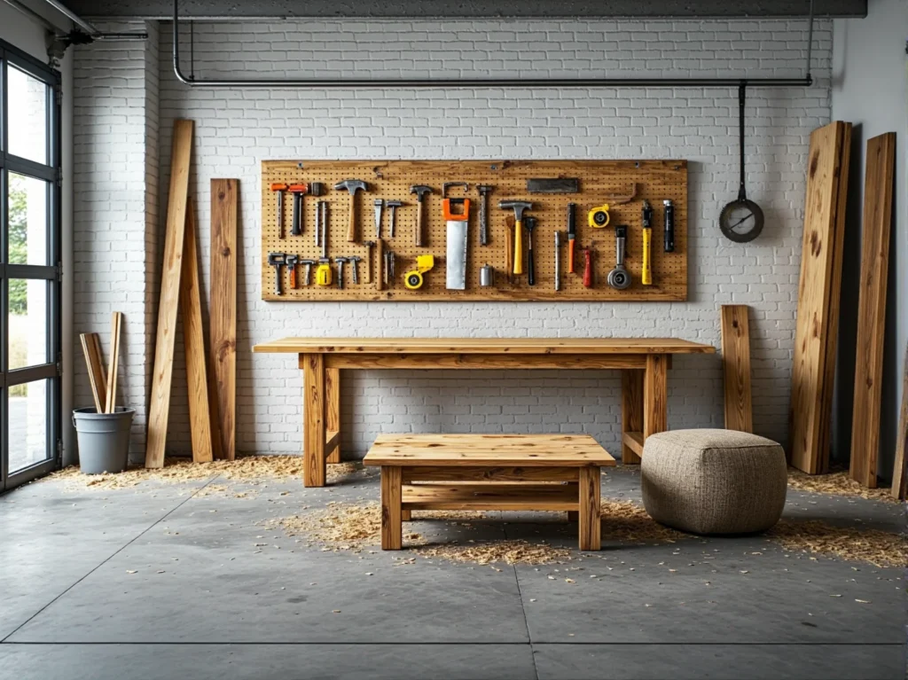 Drewniany stół warsztatowy i ława z litego drewna sosnowego