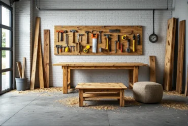 Drewniany stół warsztatowy i ława z litego drewna sosnowego