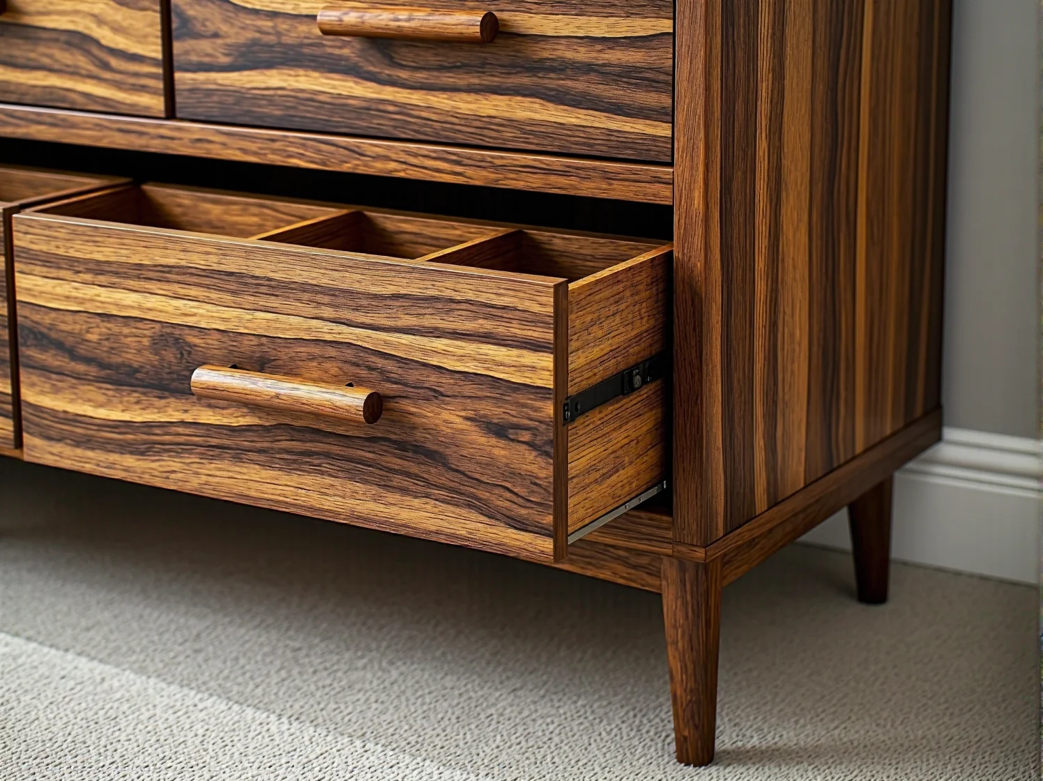 Pojemna drewniana komoda z głębokimi szufladami idealna do małej sypialni.