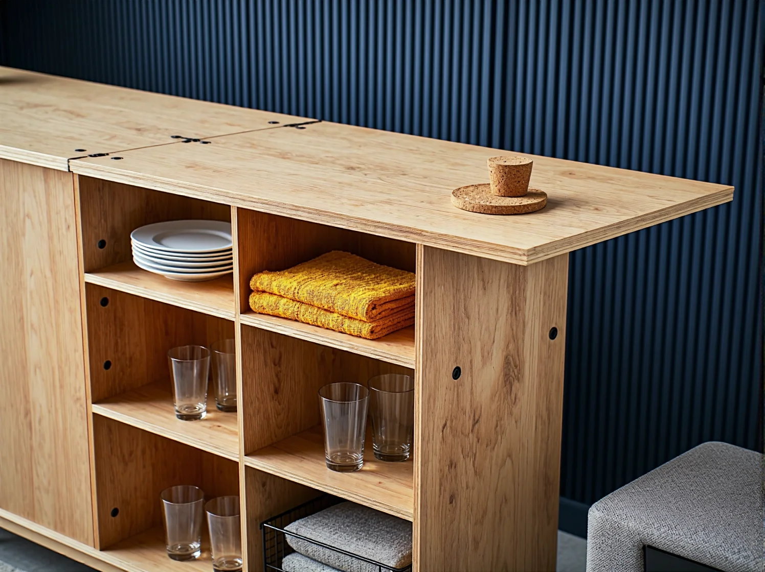 Praktyczny stół barowy w aneksie kuchennym pełniący funkcję wyspy