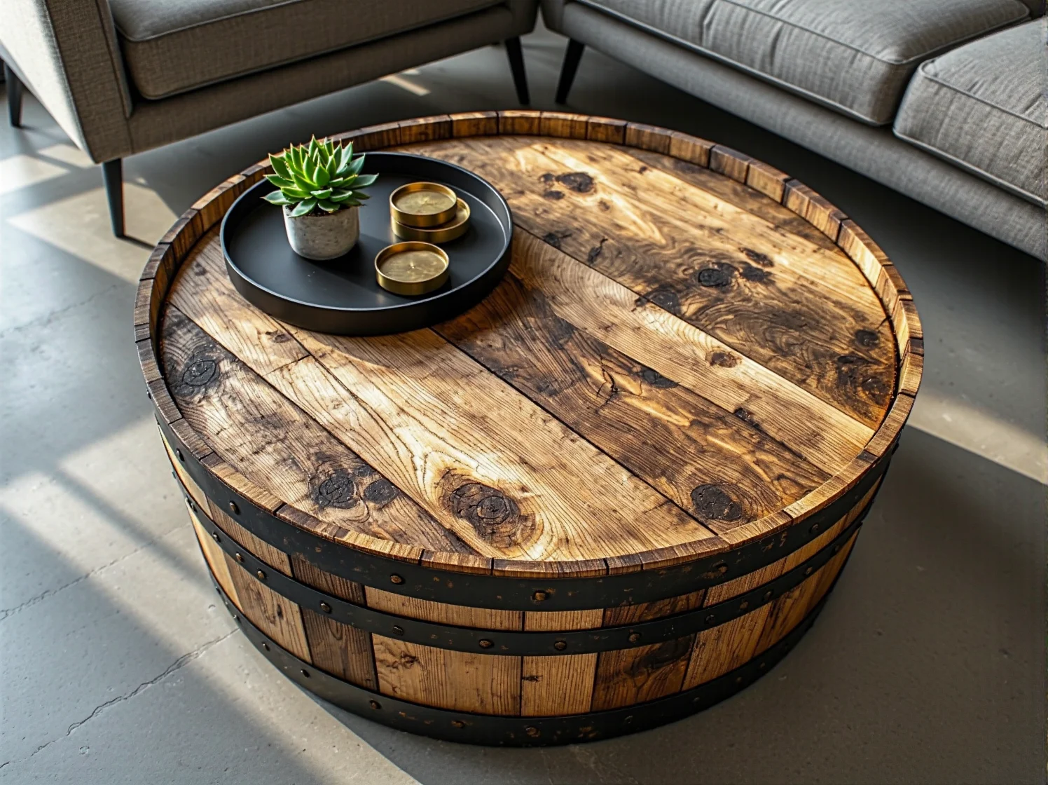 Przecinanie starej beczki na pół do budowy stołu kawowego.