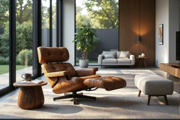 Skórzany fotel wypoczynkowy brązowy z podnóżkiem obrotowy