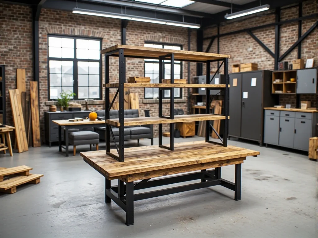 Industrialny regał z drewna i metalu z czterema półkami