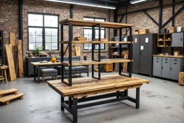 Industrialny regał z drewna i metalu z czterema półkami