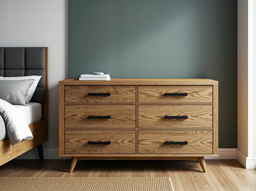 Dębowa komoda z sześcioma szufladami i czarnymi uchwytami