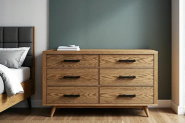 Dębowa komoda z sześcioma szufladami i czarnymi uchwytami