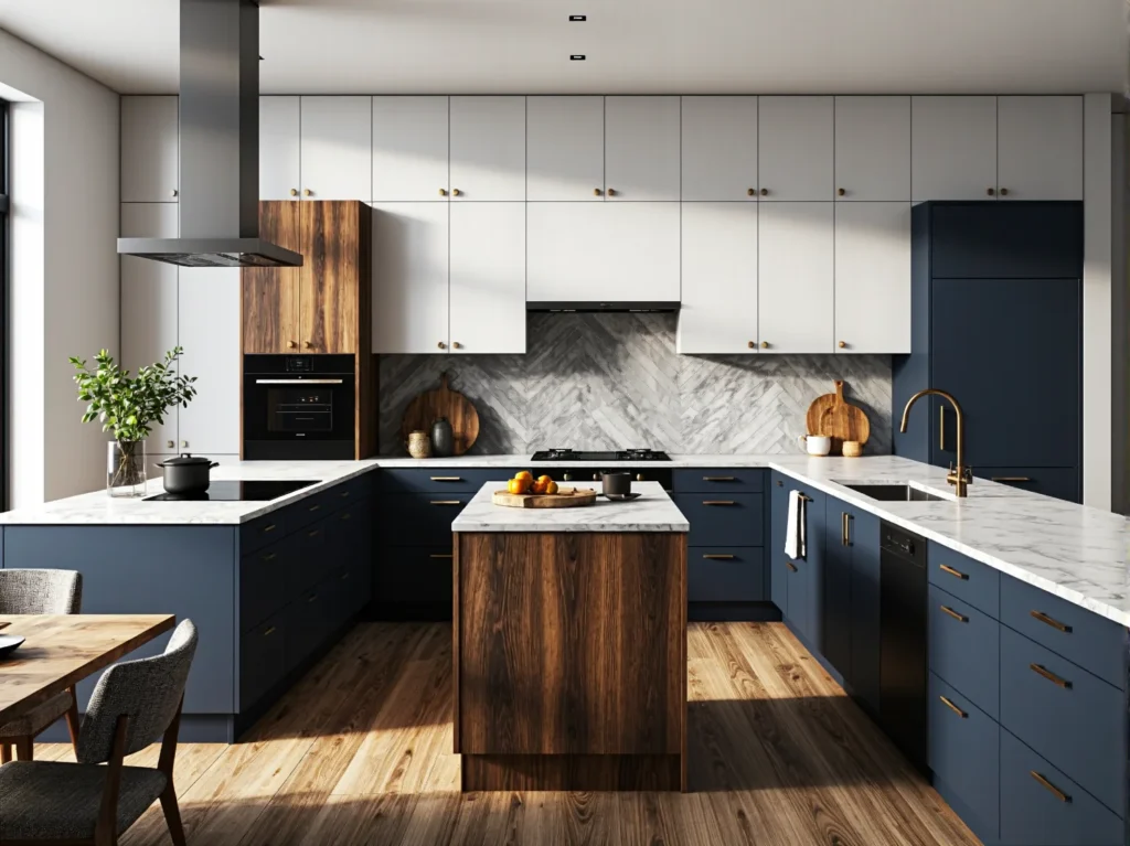 Nowoczesna zabudowa kuchenna granatowo-biała z wyspą w kolorze orzecha