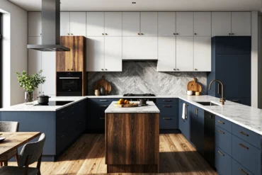 Nowoczesna zabudowa kuchenna granatowo-biała z wyspą w kolorze orzecha