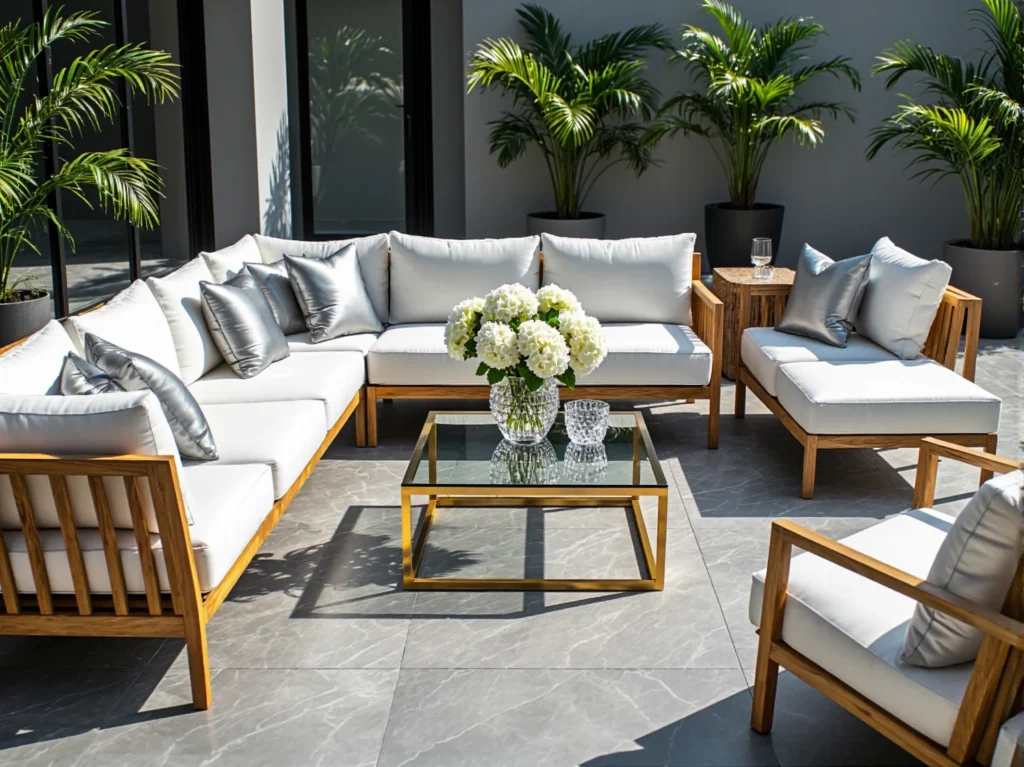 Narożnik ogrodowy drewniany z białymi poduszkami i stolikiem szklanym