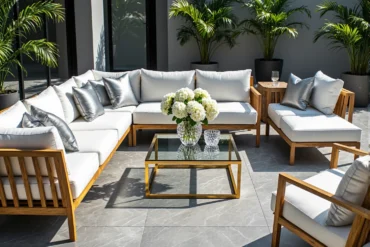 Narożnik ogrodowy drewniany z białymi poduszkami i stolikiem szklanym