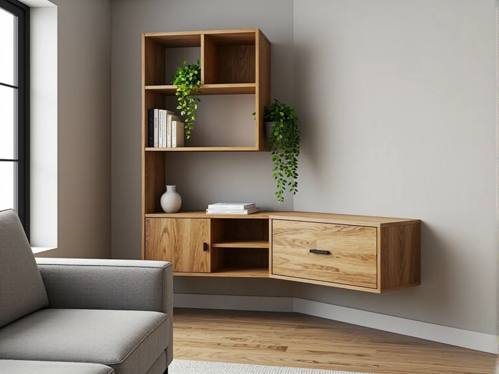 Narożna meblościanka dębowa z otwartymi półkami i szufladą