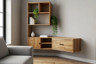 Narożna meblościanka dębowa z otwartymi półkami i szufladą