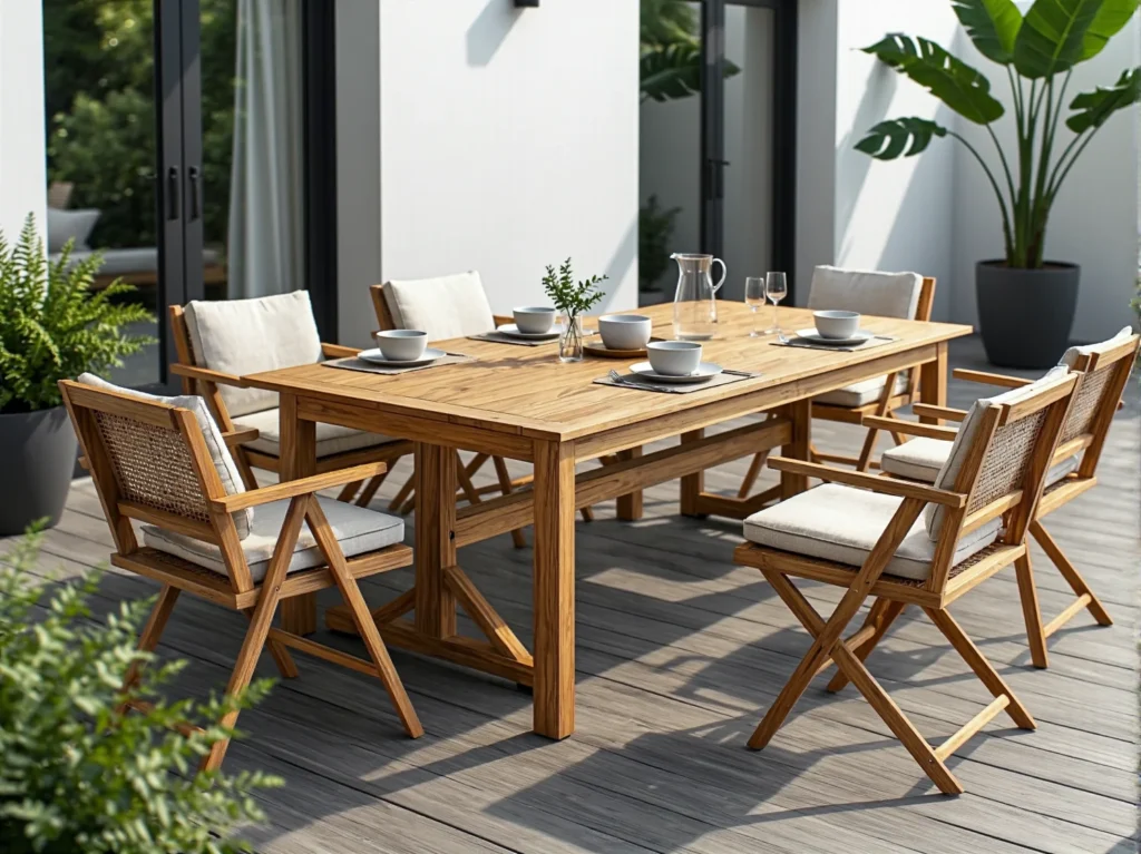 Drewniany stół ogrodowy z krzesłami z poduszkami i ratanowym oparciem
