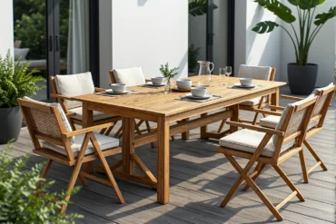 Drewniany stół ogrodowy z krzesłami z poduszkami i ratanowym oparciem