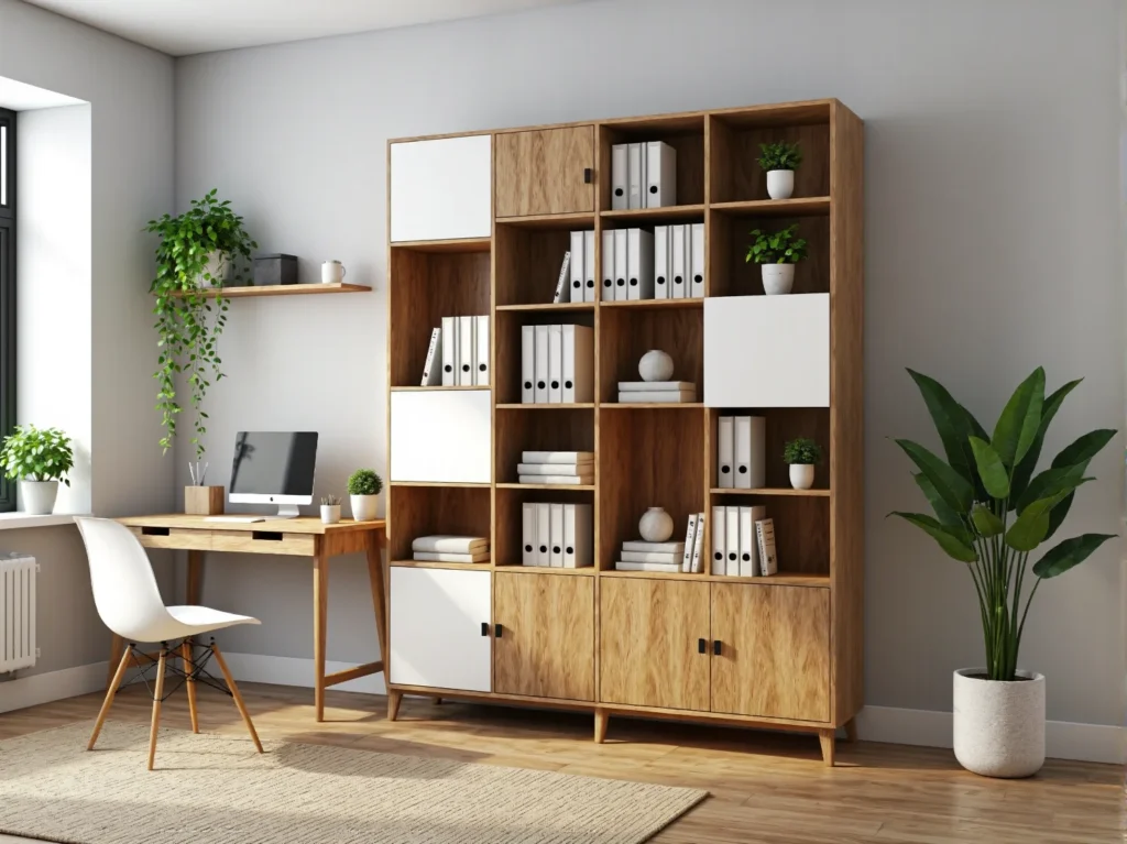 Wysoki regał biurowy dąb craft z białymi frontami i półkami