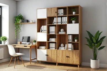 Wysoki regał biurowy dąb craft z białymi frontami i półkami