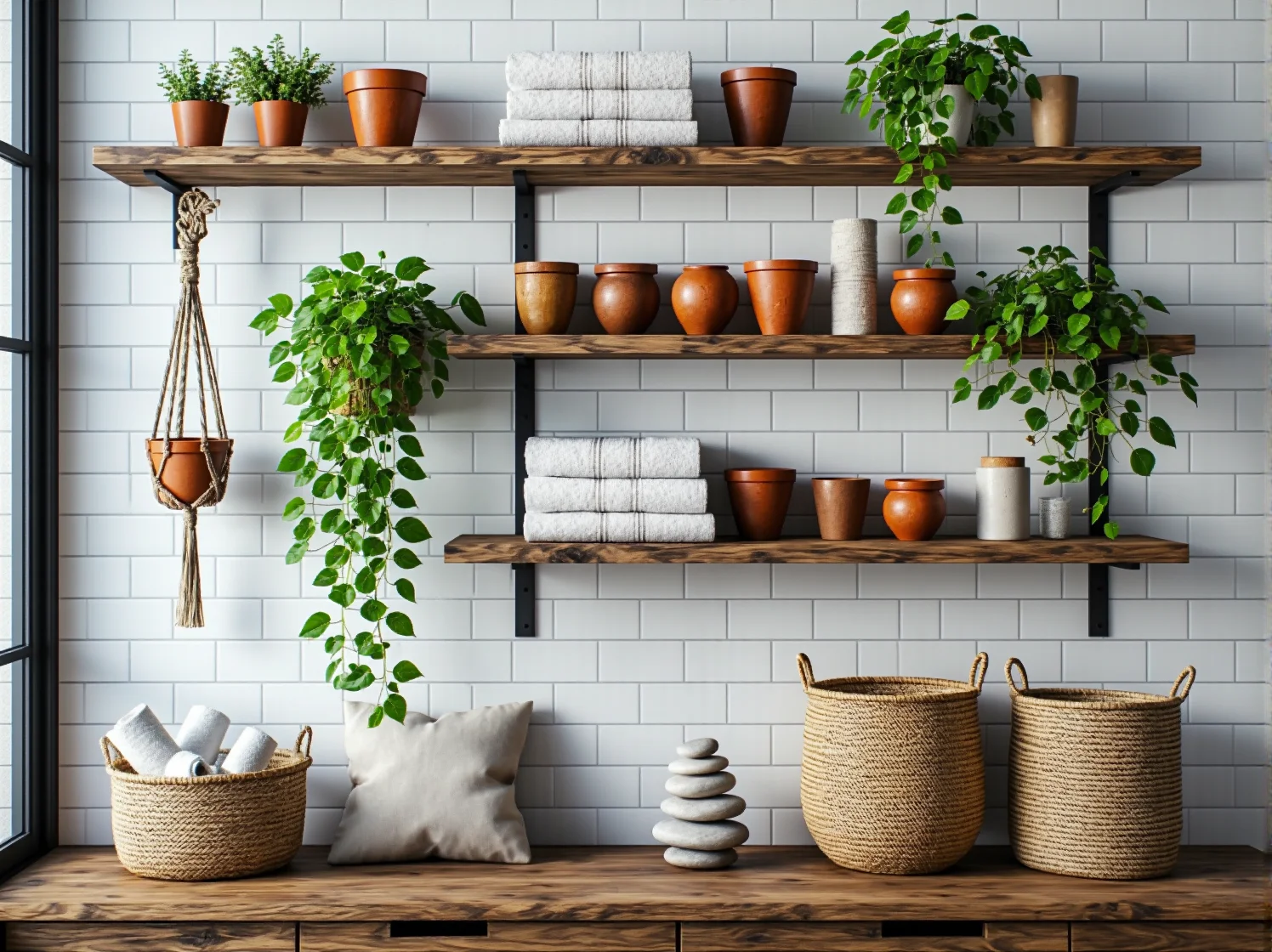 Roślinne dekoracje, makramy i plecione kosze jako dodatki boho w łazience.