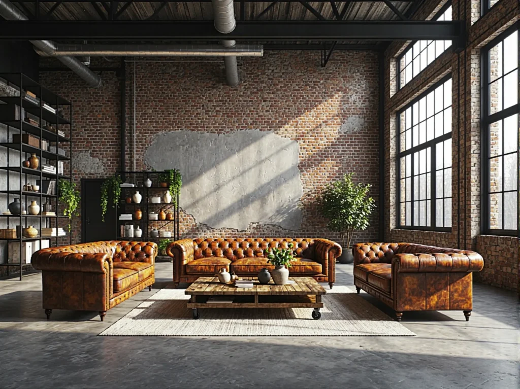 Komplet wypoczynkowy Chesterfield brązowa skóra pikowana sofa i fotele