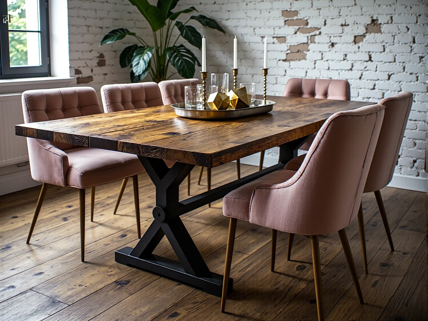 Elegancka sofa glamour w surowym wnętrzu industrialnym z czerwoną cegłą i betonem.