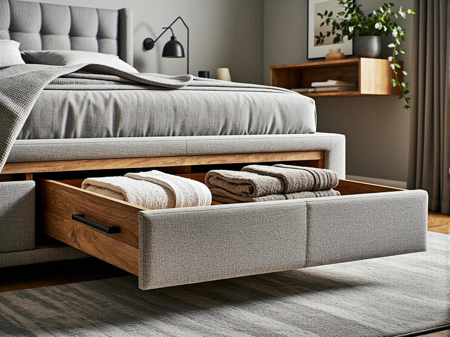 Sprytne zagospodarowanie małej sypialni dzięki funkcjonalnemu łóżku kontynentalnemu z dodatkowym miejscem.