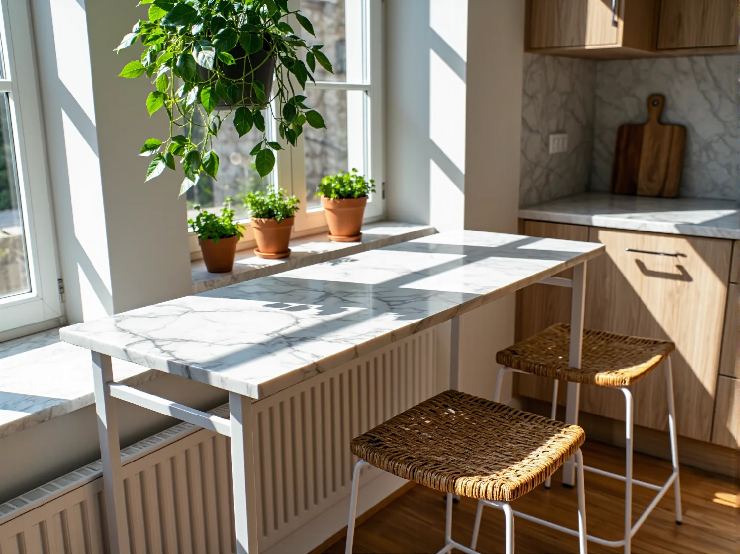 Wysoki stół barowy z hokerami idealny do wąskiej kuchni w bloku