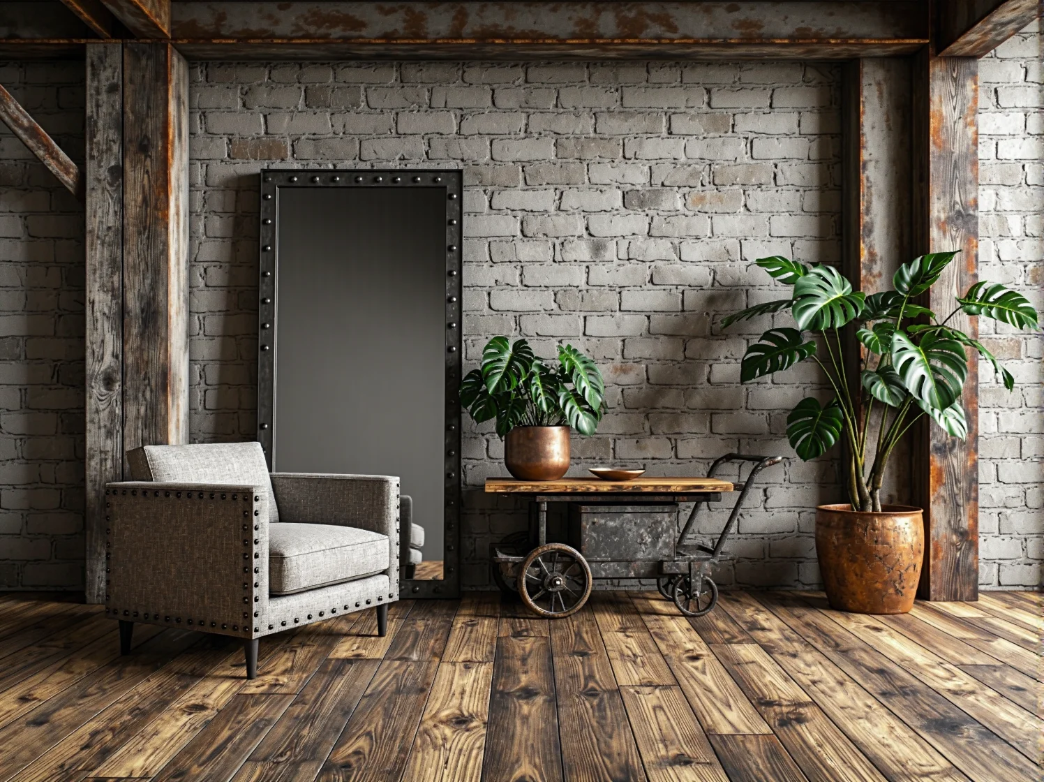 Stół z drewna i metalu w odnowionym wnętrzu industrialnym