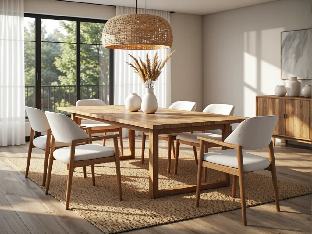 Drewniany stół jadalniany dębowy z kompletem białych krzeseł