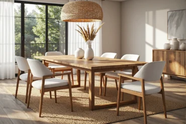 Drewniany stół jadalniany dębowy z kompletem białych krzeseł