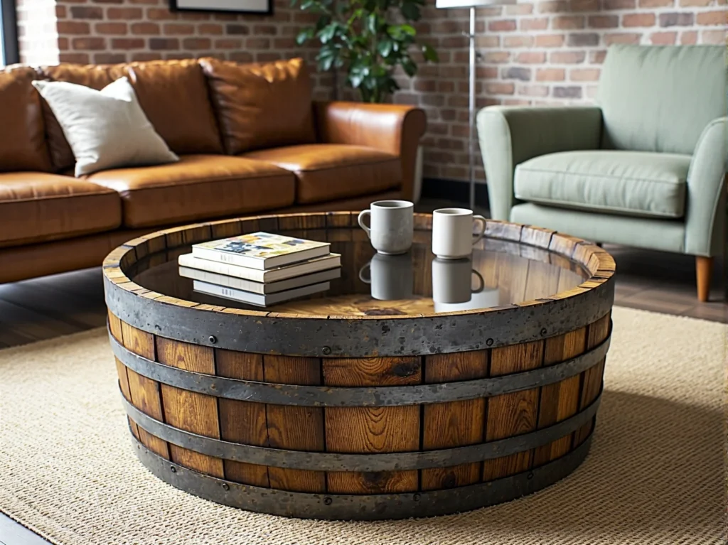Okrągły stolik kawowy z beczki drewnianej ze szklanym blatem
