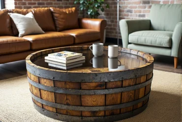 Okrągły stolik kawowy z beczki drewnianej ze szklanym blatem