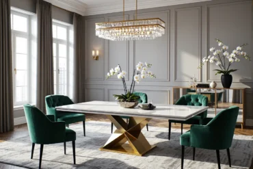 Elegancki stół z białym blatem na złotej nodze krzyżowej