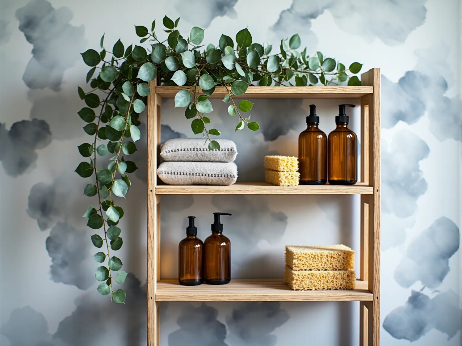 Stylowa aranżacja małej łazienki z wąskim regałem oszczędzającym miejsce