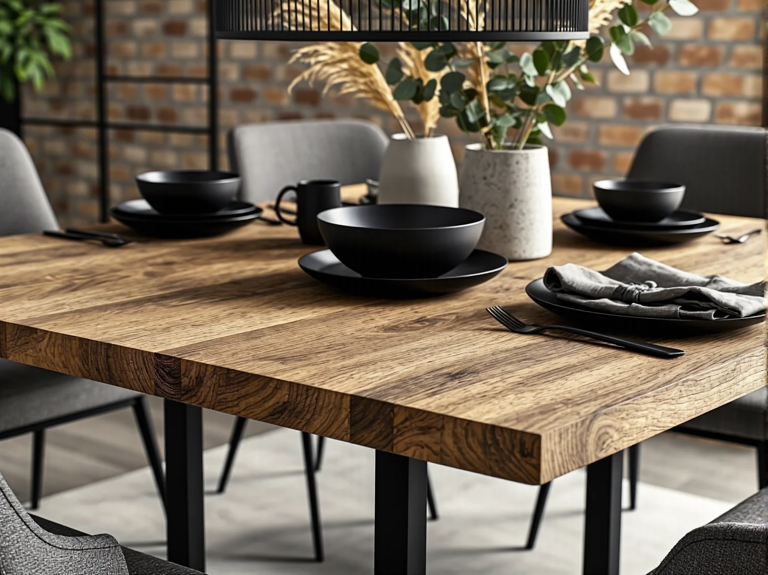 Dekoracje z surowych materiałów: betonowe donice i metalowe ozdoby w salonie loft.