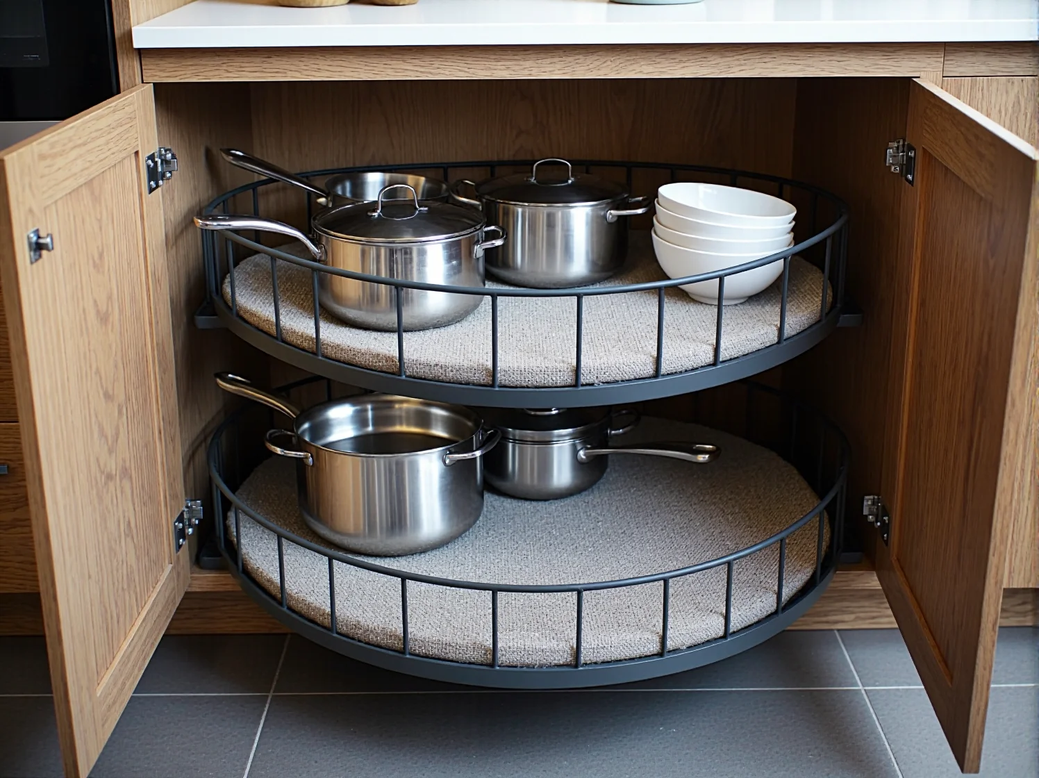 Innowacyjny system wysuwny typu cargo w szafce narożnej maksymalizujący przestrzeń.